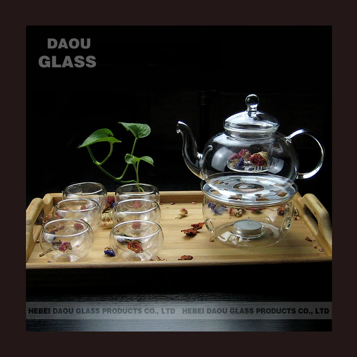 cangzhou glass tea sets with teapot warmer and double wall glass cup ,china tea and coffee set