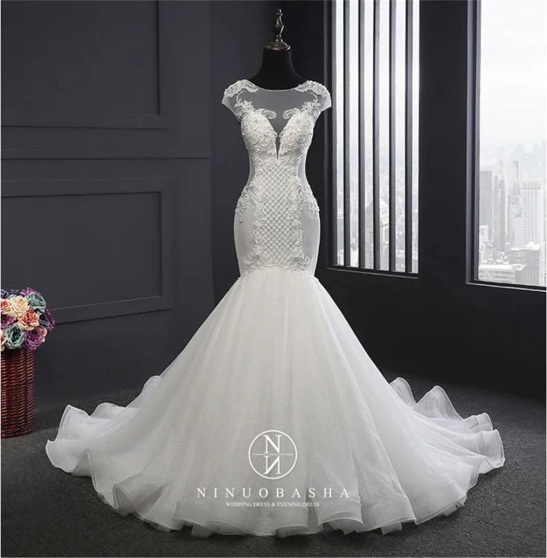 Spring New Luxury Lace  Backless Skinny Temperament Mermaid Wedding Dress Flower Bridal Gown