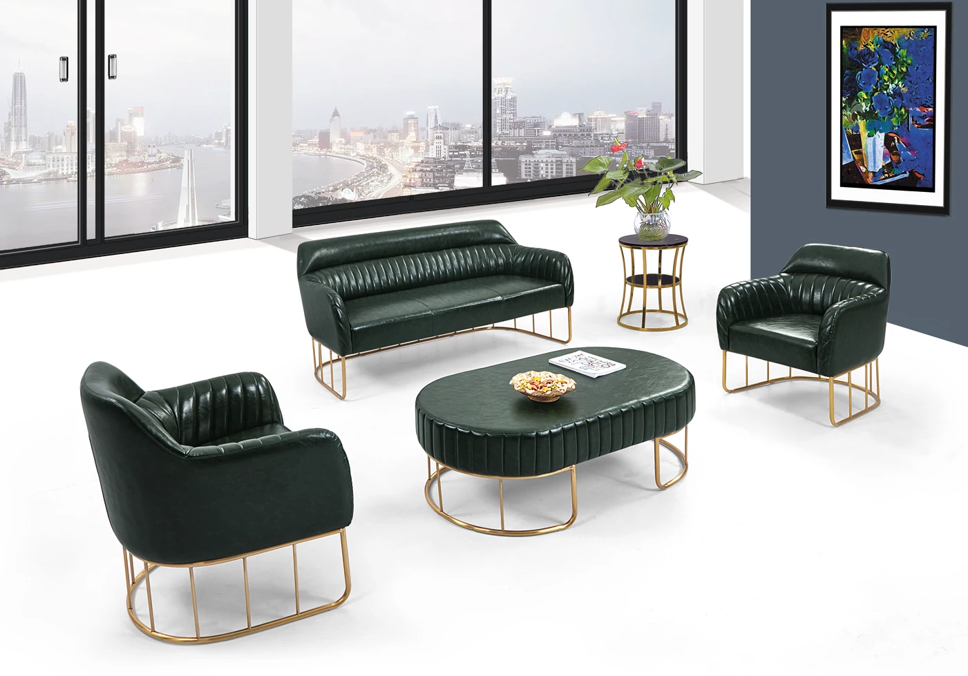 Modern Design PU Leather BONDED Leather Office Chair Furniture Sofa Set 3 Seater RED Sectional  Commerical Fabric Sofa