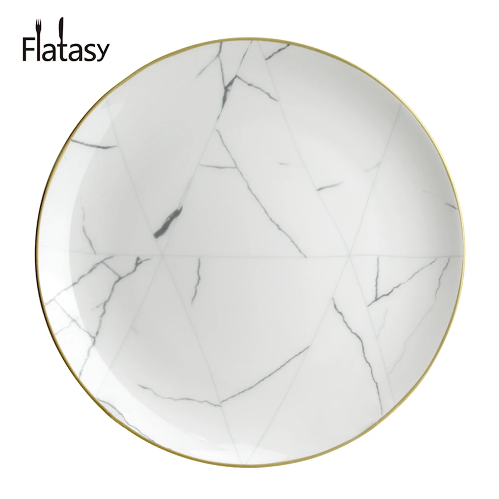 Hot sale wholesale cheap luxury gold rim white marble patterns round ceramics charger plates set for wedding party and hotel