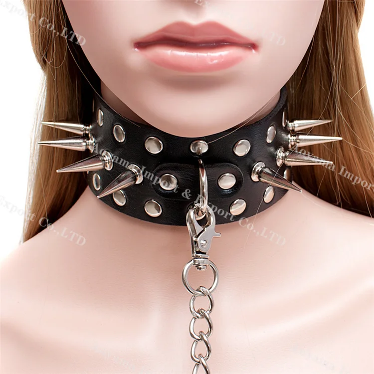 Black Leather Rivet Collar Slave Fantasy Fetish BDSM Gear Bondage Neck Strap Sex Product