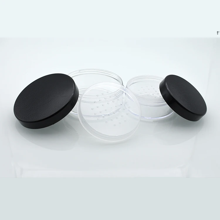 Hot sale 3ml 5ml 3g 5g 10g glitter loose powder jar 20g 50g 30g round plastic loose powder container with sifter and black caps