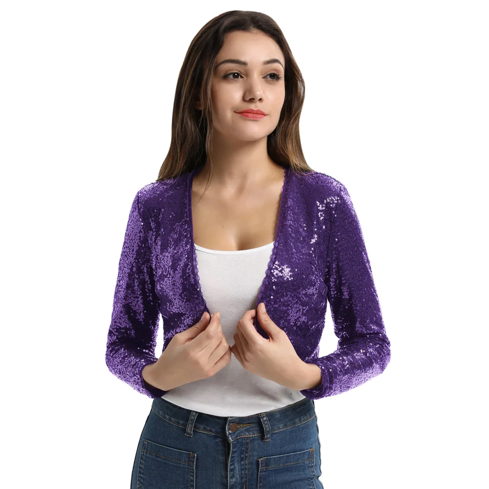 Wholesale Amazon Women Shining Sequined Long Sleeve Cropped Length Open Front Bolero Shrug