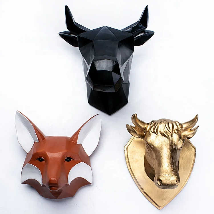 geometrical wall hanging various sizes and shapes fox and bull resin animal head