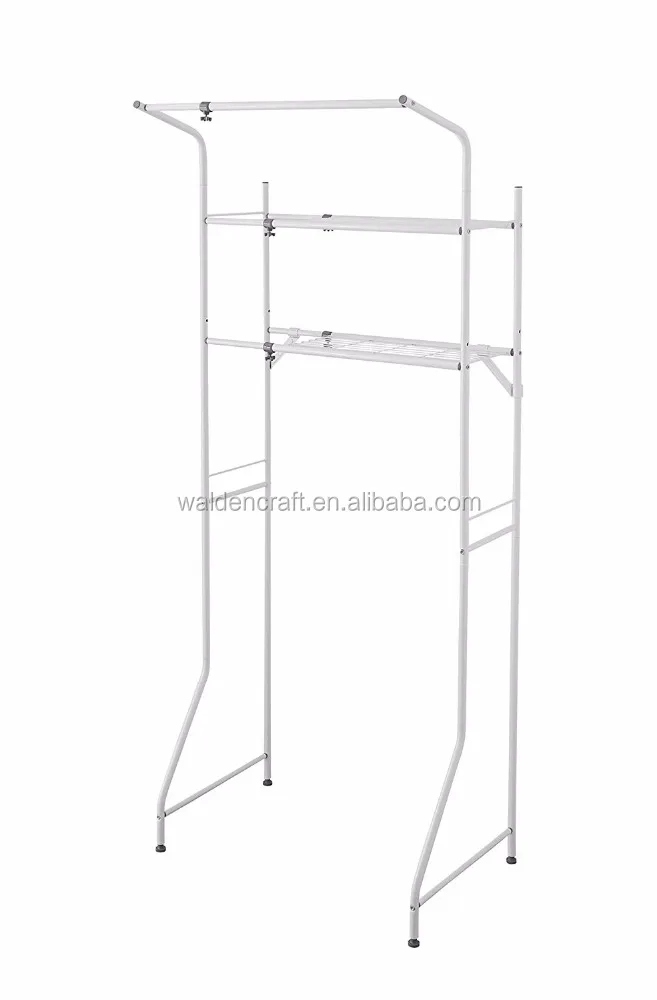 Laundry Room Metal 2 Tier with Rail Hanger Shelf for Towels and Coat Rack Floor Stand