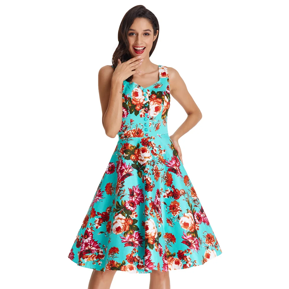 BP000416 Sleeveless V-Neck Flared Cotton Floral Printed A-Line Retro Vintage Dress