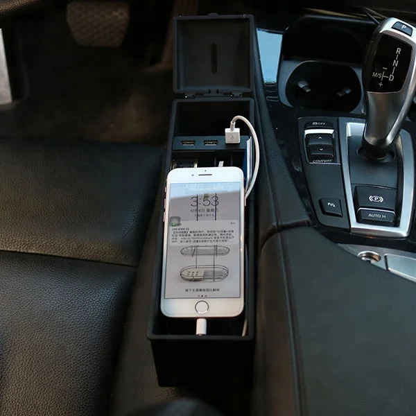 Factory front seat car gap storage box with coin organizer and 3 USB charging station