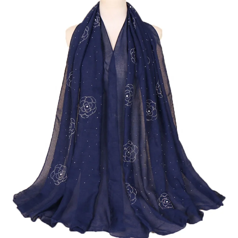 Wholesale Dubai Muslim Flower Pattern Mosaic Diamond Solid Color Elegant Women Instant Hijab Headscarf Shawl Scarf