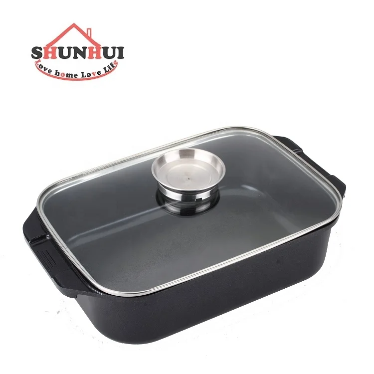 Cast Aluminum Rectangle 35 cm Roaster Pan With Silicon Rim Glass Lid 13-Inch Non-stick Roasting Pan