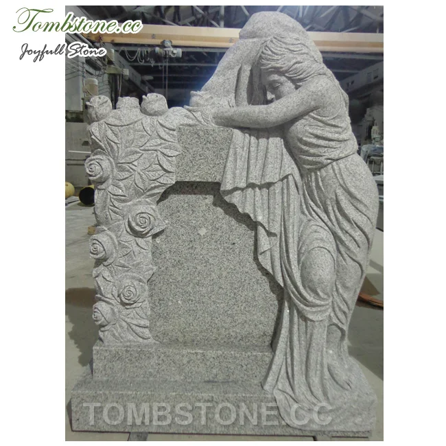 
Granite Angel Monuments, Headstone with angel statue and roses 