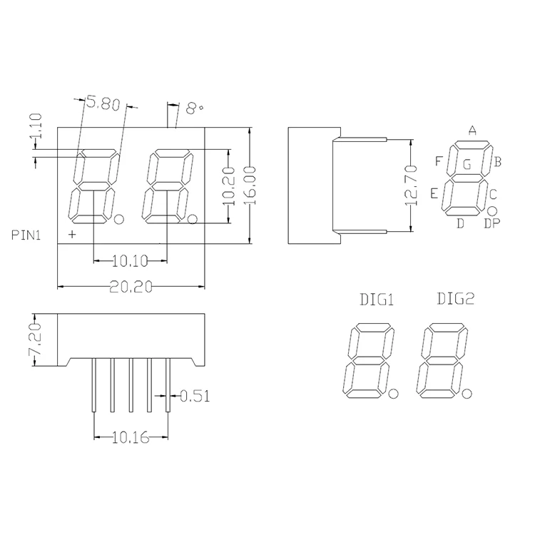 Bright blue light 0.4 inch 2 digit 7 segment led display