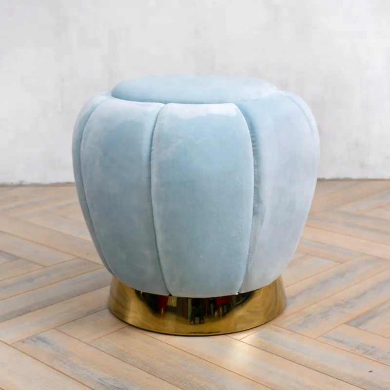 Comfortable Velvet Fabric Shoes Changing Stool with Brass Golden Metal Base