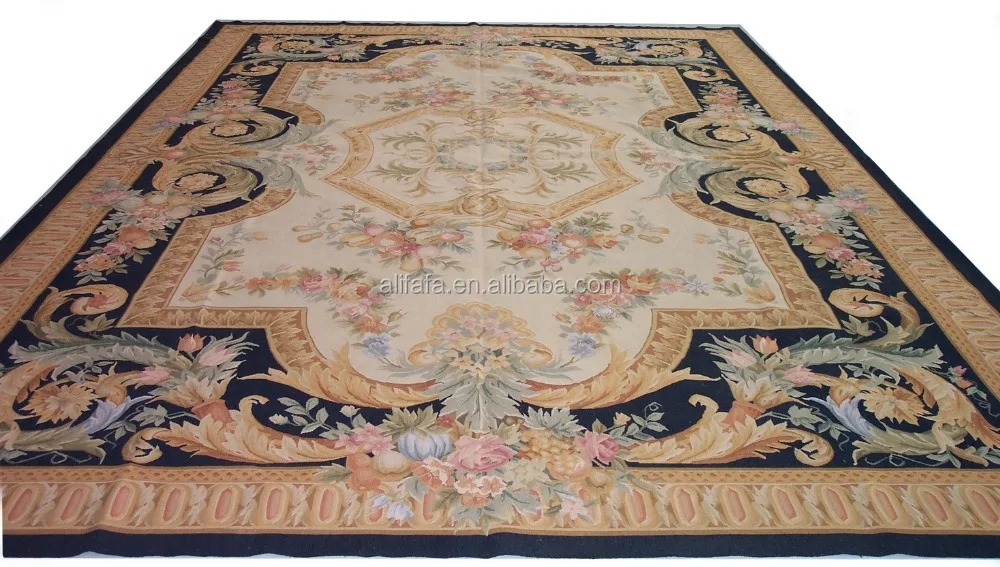 Aubusson china carpet, French style flat weave wool carpet in green color