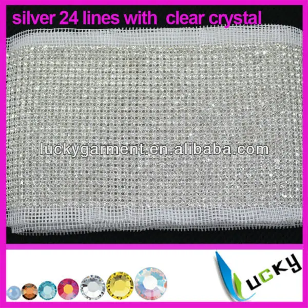 
Factory price high quality silver 24 rows with clear crystal rhinestone trimming mesh for sewing wedding dress 