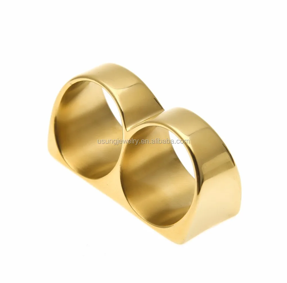 18k gold plated stainless steel custom made mens two finger ring