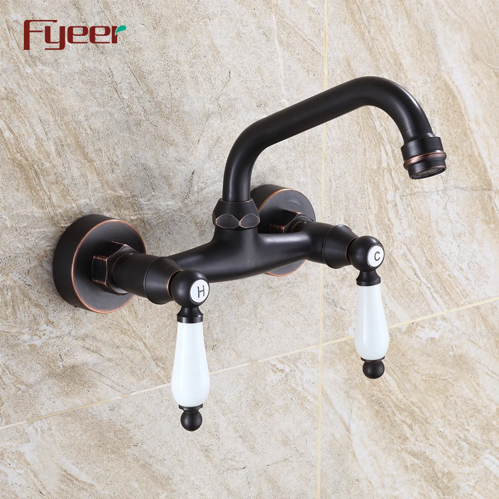 Fyeer Wall Mounted Black Kitchen Faucet with Double Ceramic Handle