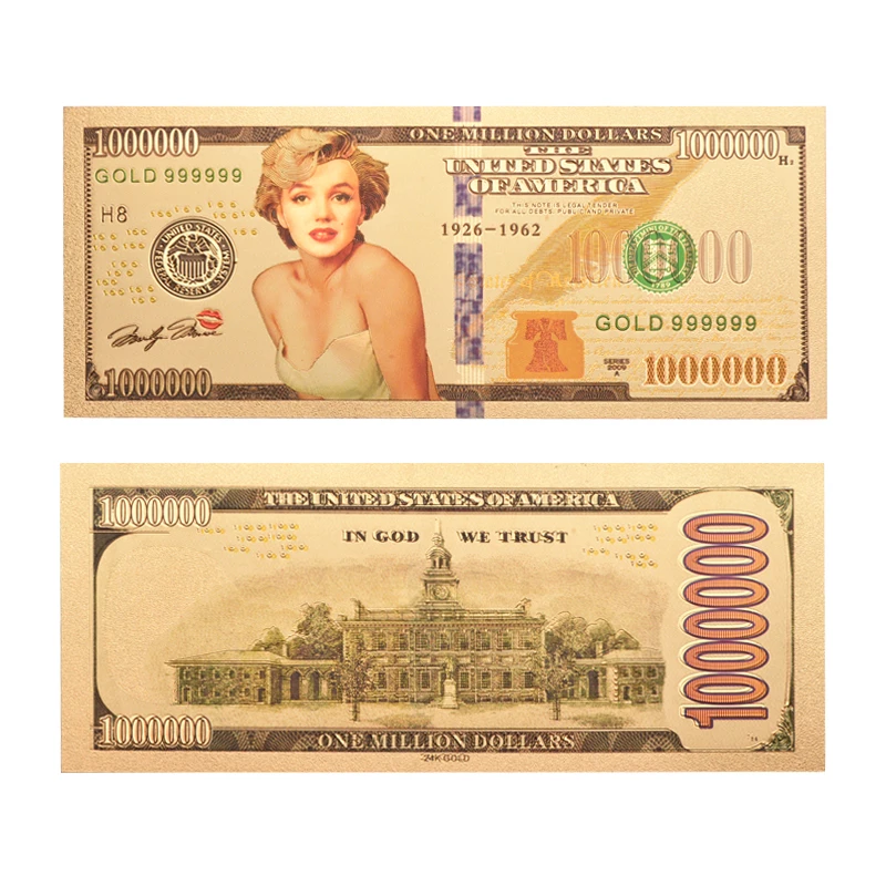 Amazon New Sale Custom Gold 999999 One Million Dollars Color Marilyn Monroe Coins Gold Foil Banknote For Collection