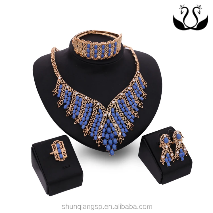 Elegant Women Gold Plating African Blue Beads Jewelry Set Wholesale