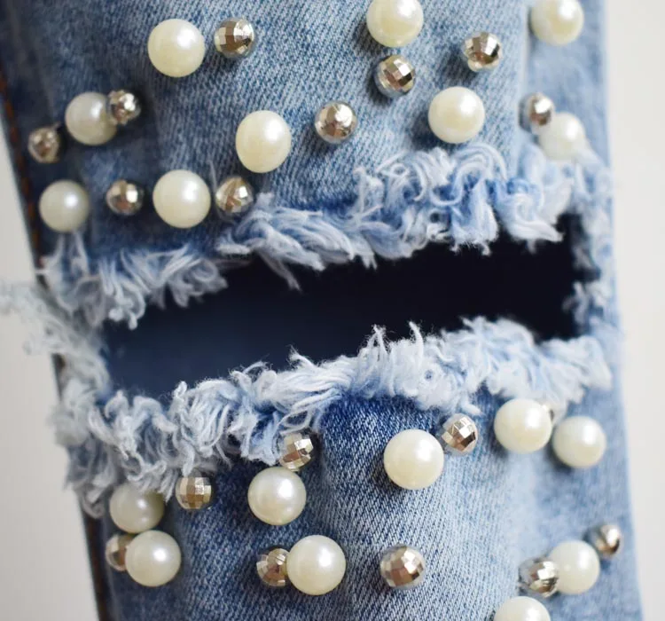 Модные рваные повседневные женские джинсы с жемчугом