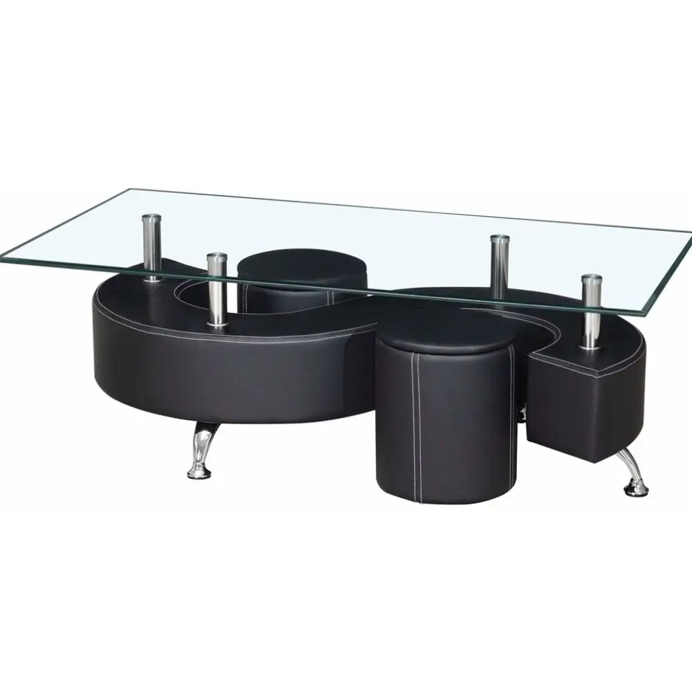 S shape cheap leather glass coffee table with stools  CT1022