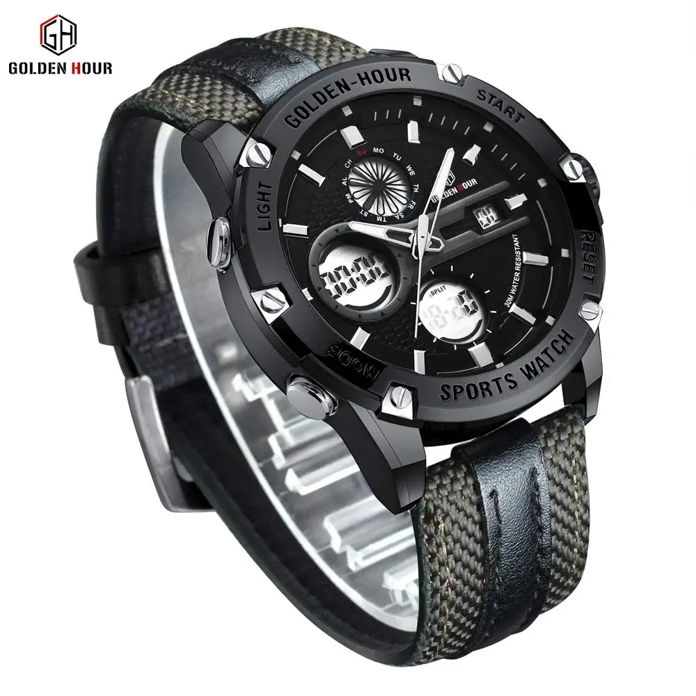 
GOLDEN HOUR Waterproof Big Dial Watch For Men Luxury Brand LED Military Fashion Best Digital Waterproof Sport Watch for man 