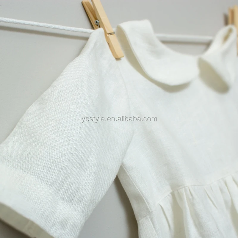 Baby toddler girls white linen dress with peter pan collar , white collar under knee baptism dress made with pre washed linen.