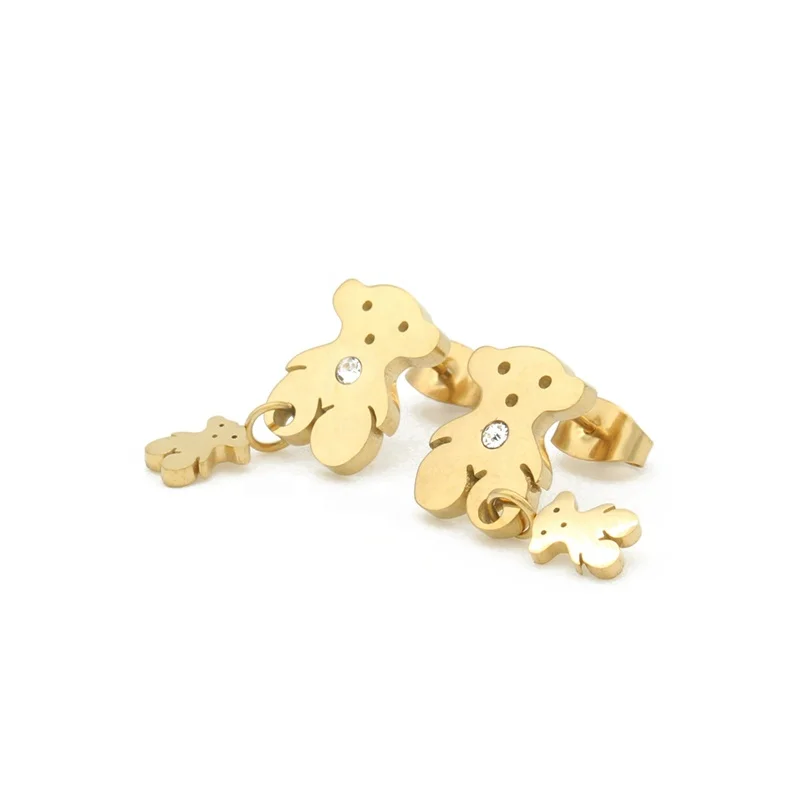 Fashionable Bear Shaped Stainless Steel Artificial Gold Crystal Rhinestone Necklace Set