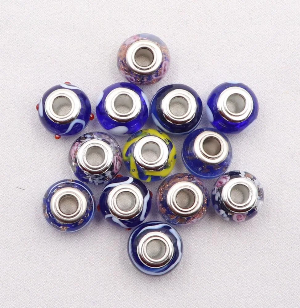 Wholesale Mix in Bulk Blue Series Silver Plated Core Large Hole Beads Murano Glass Big Hole Beads European Bracelet Charms