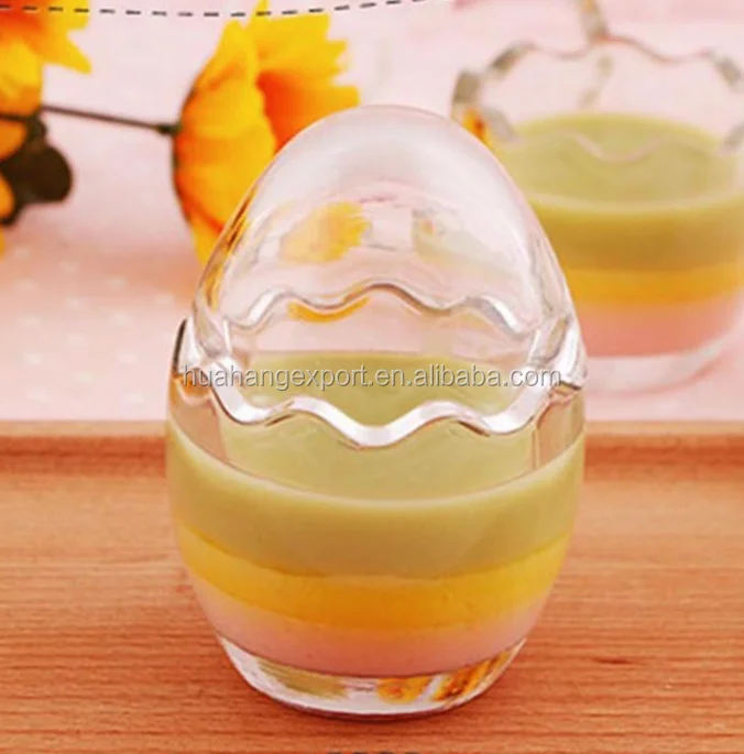 New design 85ml 100ml 200ml funny egg shaped glass jar for pudding with lid / egg shell shaped pudding glass jars candy jars