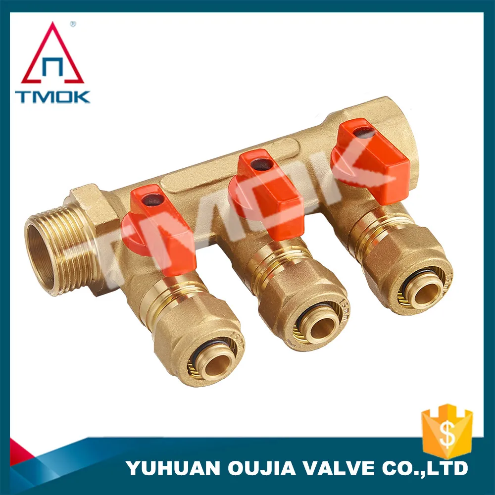 3 ways brass forge manifold for floor heating brass hydraulic manifold blocks from Oujia valve company in Zhejiang