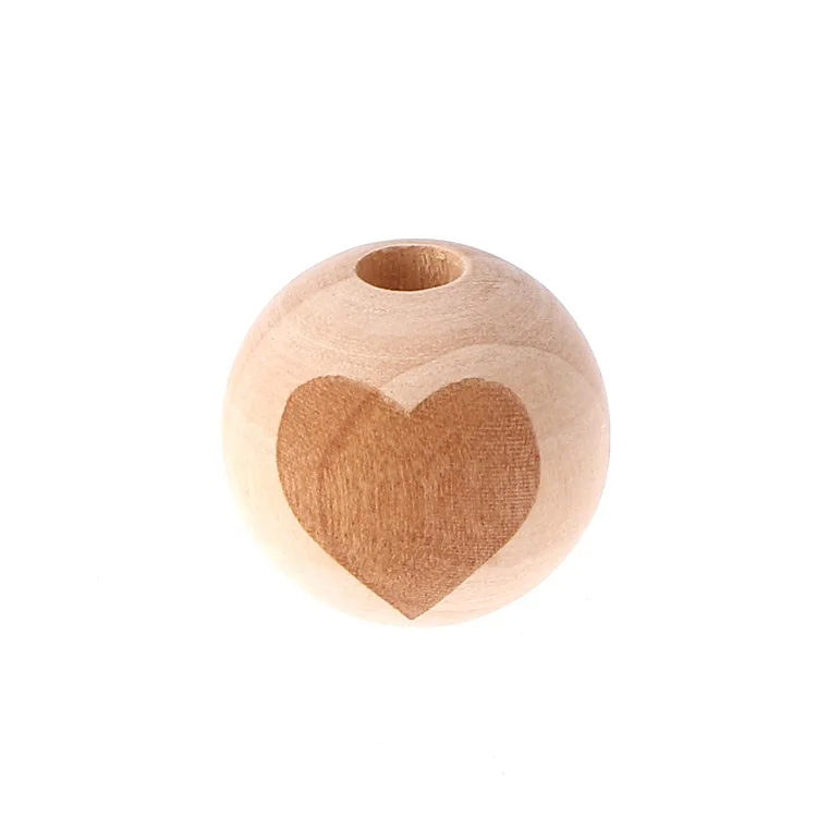 Wholesale Eco-Friendly Laser Engraving Heart Pattern Round Teething Beads Wood