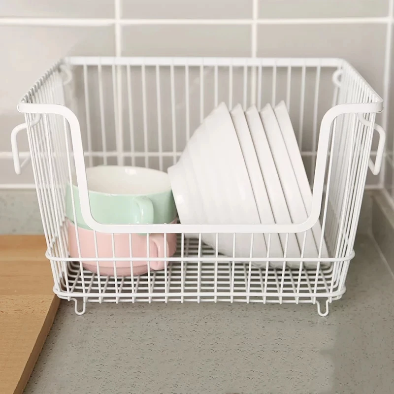 Modern Stackable Metal Storage Organizer Bin Basket with Handles, Open Front for Kitchen Cabinets, Pantry, Closets, Bedrooms etc