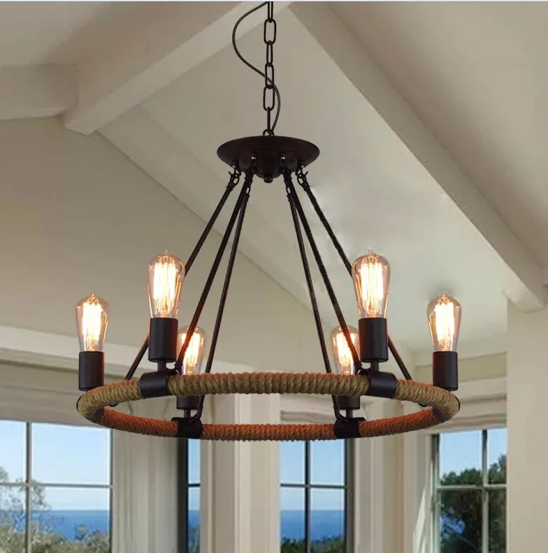 Vintage industrial loft hemp rope pendant lamp