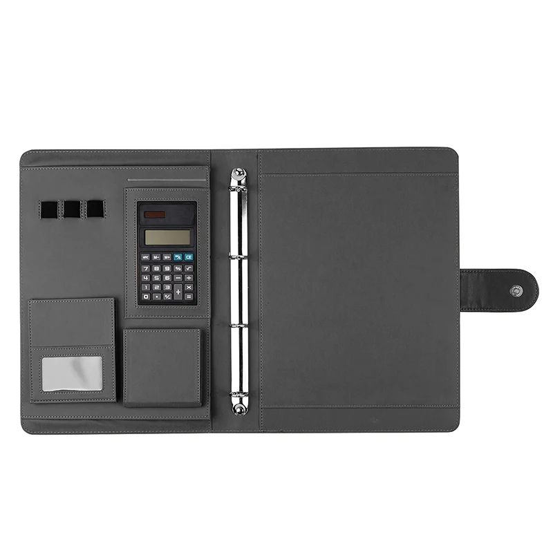 Leather cover 4 hole ring binders file folder a4 document holder with calculator