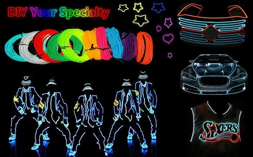 5 Packs Ice Blue Color 3.2mm 3M  Sewable Multi Color Electroluminescent Wire/ Glowing EL Wire For Clothes With Controller