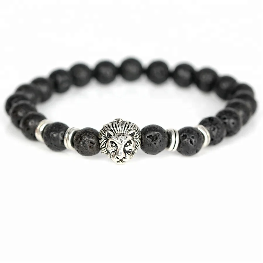New Arrival ! Cubic Zircon Micro Lion Head Charms Bracelet ,Women Men Natural Lava Stone Matte Agate Bead Handmade Bracelet