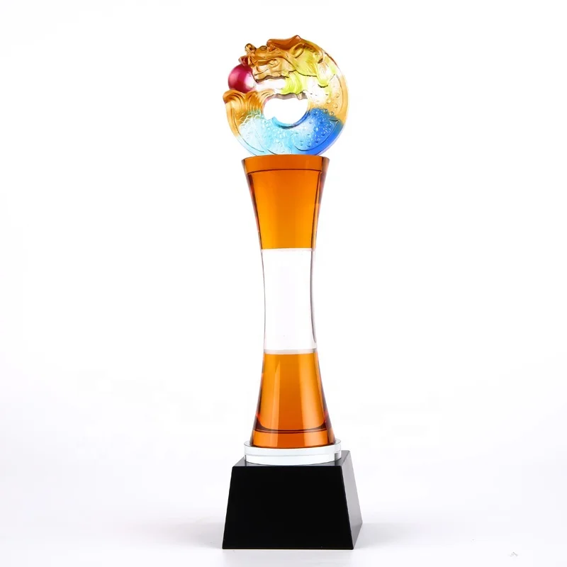 New hot selling customized crystal trophy with Liuli dragon and colorful wreathed column for gifts