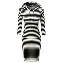 Fashion Women Striped Hoody Hoodie Hooded with Pockets Autumn Winter Wear Bodycon Casual Pencil Dress