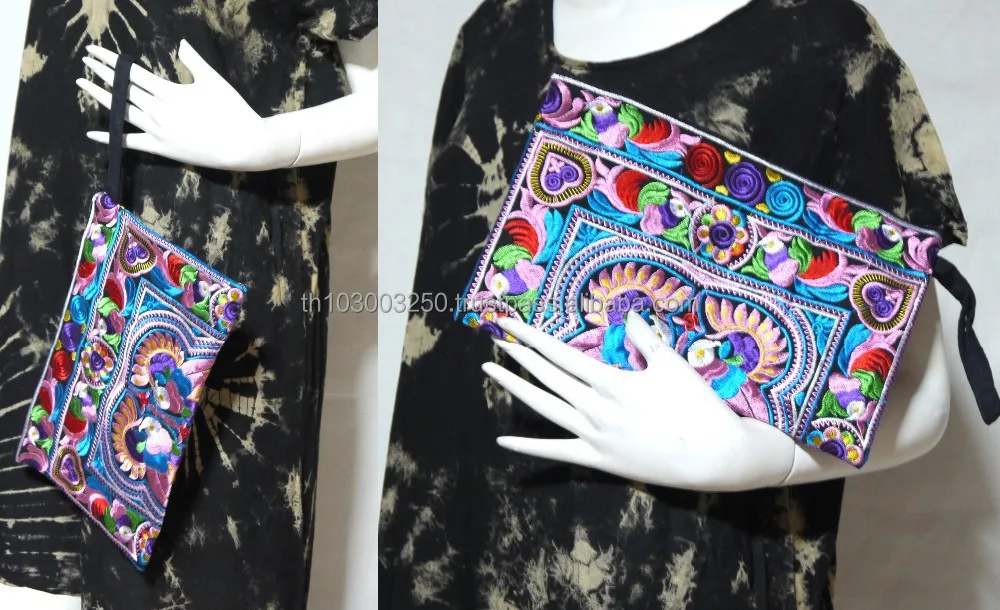 VTG HIPPIE BOHO Thai Hill Hmong Handmade Embroidery Floral Pouch Bag Clutch Purse Handbag Women