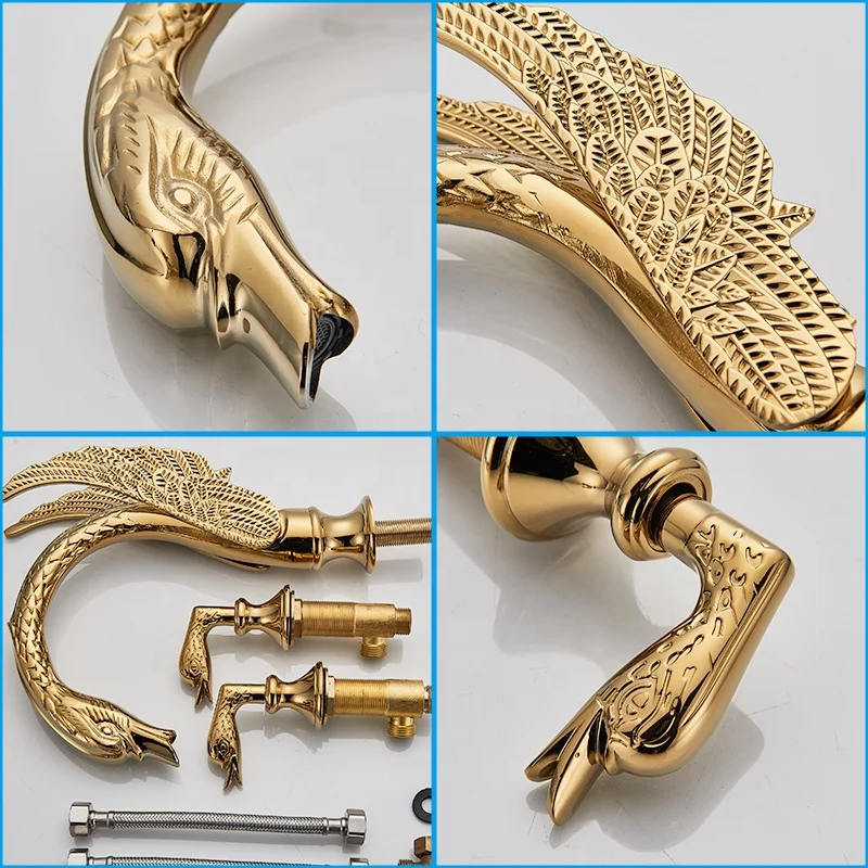 
2019 New Arrivals Luxury Golden Swan Faucet Deck Mounted Dual Handles Hot Cold Water Mixer Tap washroom Basin Sink Faucet 