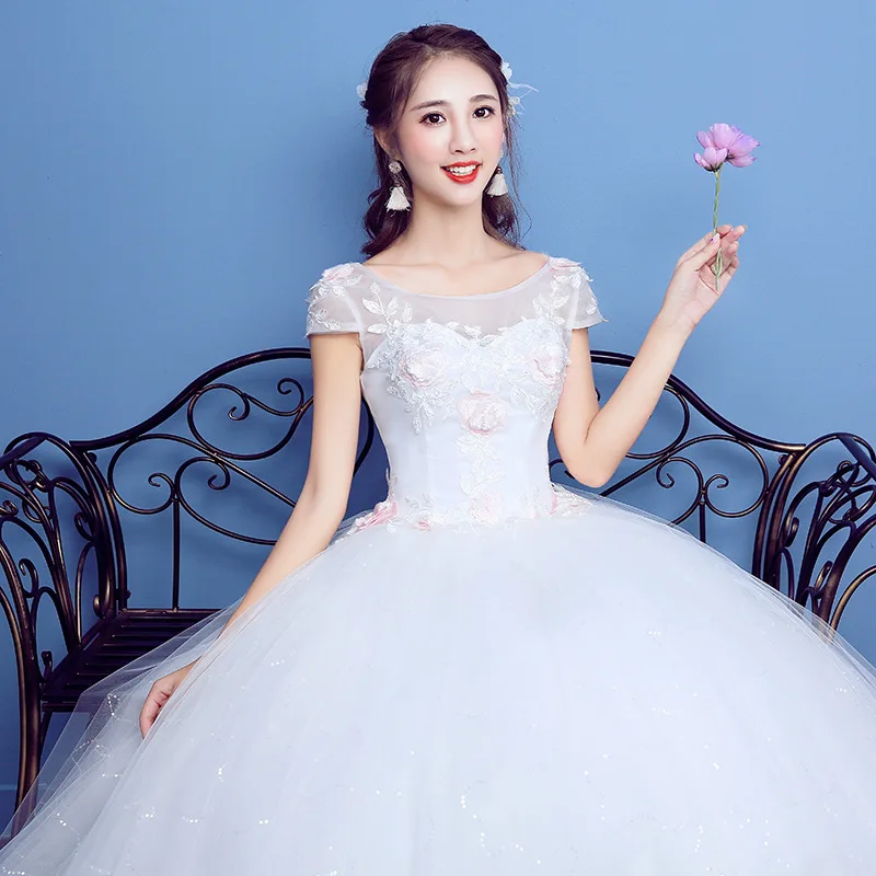 2017 Korea style Cheap Wedding Gown with short Sleeve Pink flower Lace Bridal Dresses