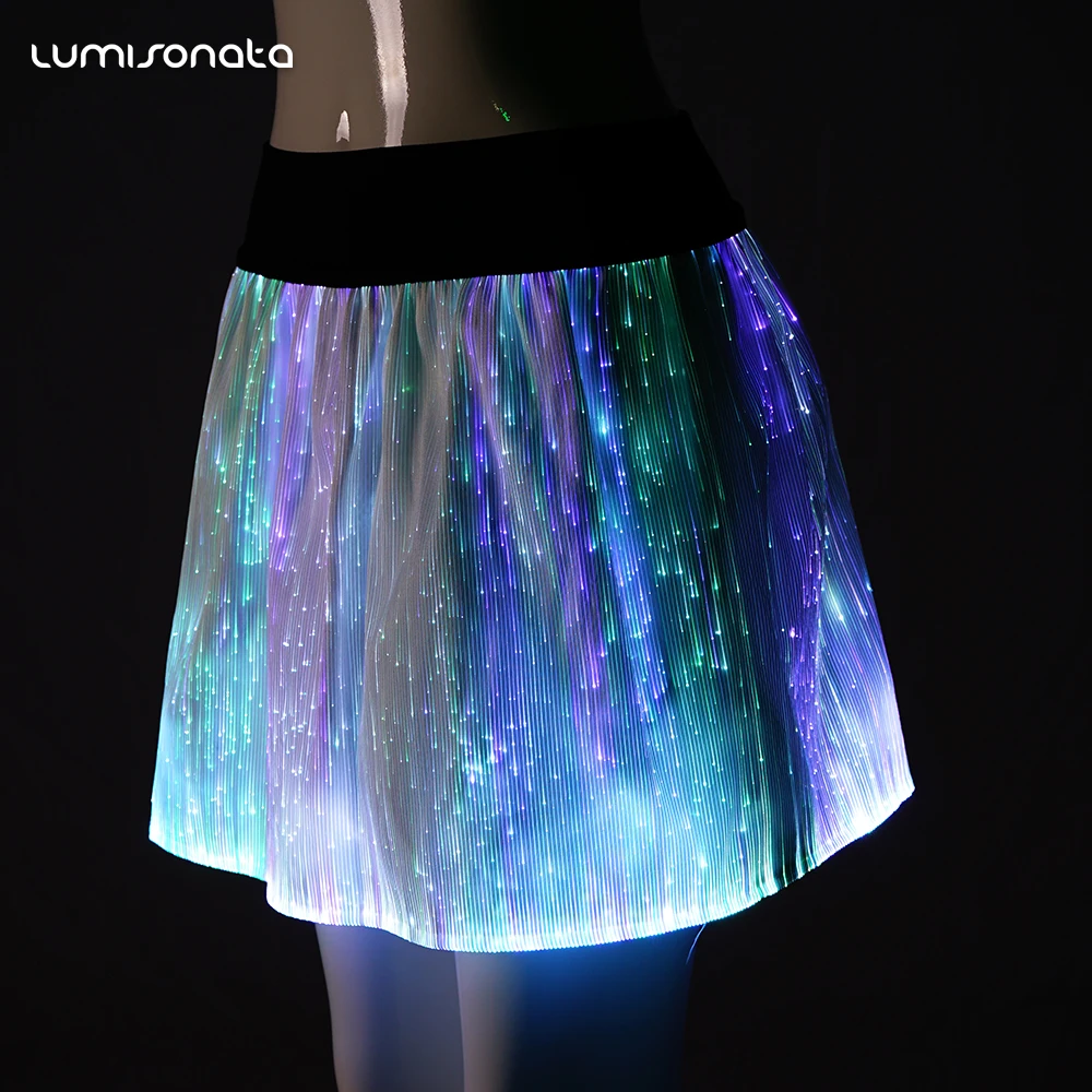 7 color changeable optic fiber luminous sexy girls photos with mini skirt with LED light up stage party mini women dress