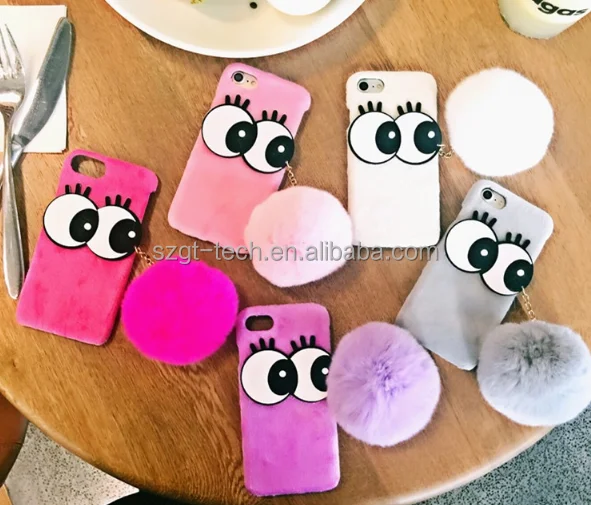 
big eyes tassel fur Mobile Phone Case for iPhone 7,fluff ball leather case for For iPhone 7, for iPhone 7 rabbit fur pompom Case 