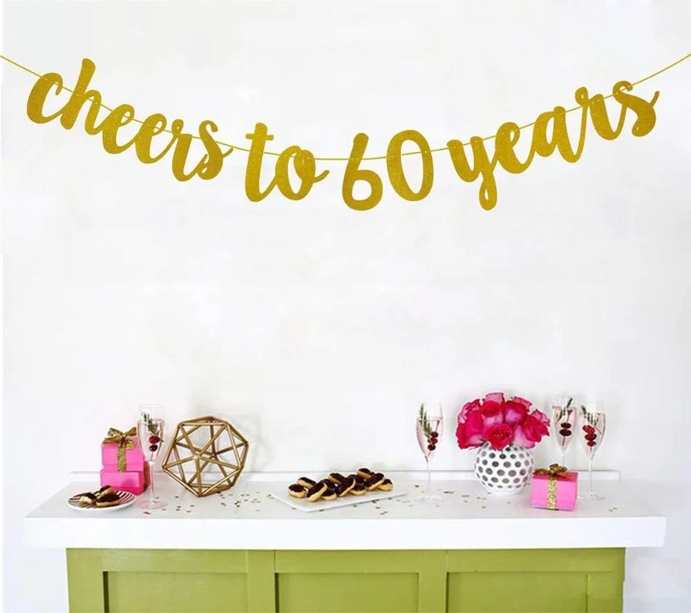 Cheers To 60 Years And Champagne Glasses Gold Glitter Banner for 60th Birthday Party Decorations