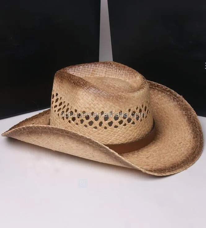 Hollow Design Vintage Print Raffia Straw Cowboy Hat with Fake Leather