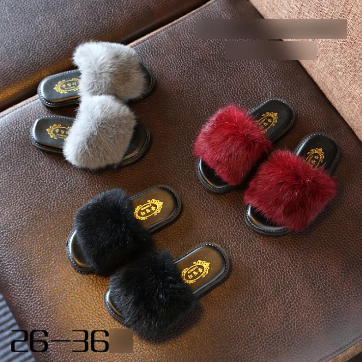2017 children girls skid resistance fluffy fur slipper TPR shoe sole slip on out shoes