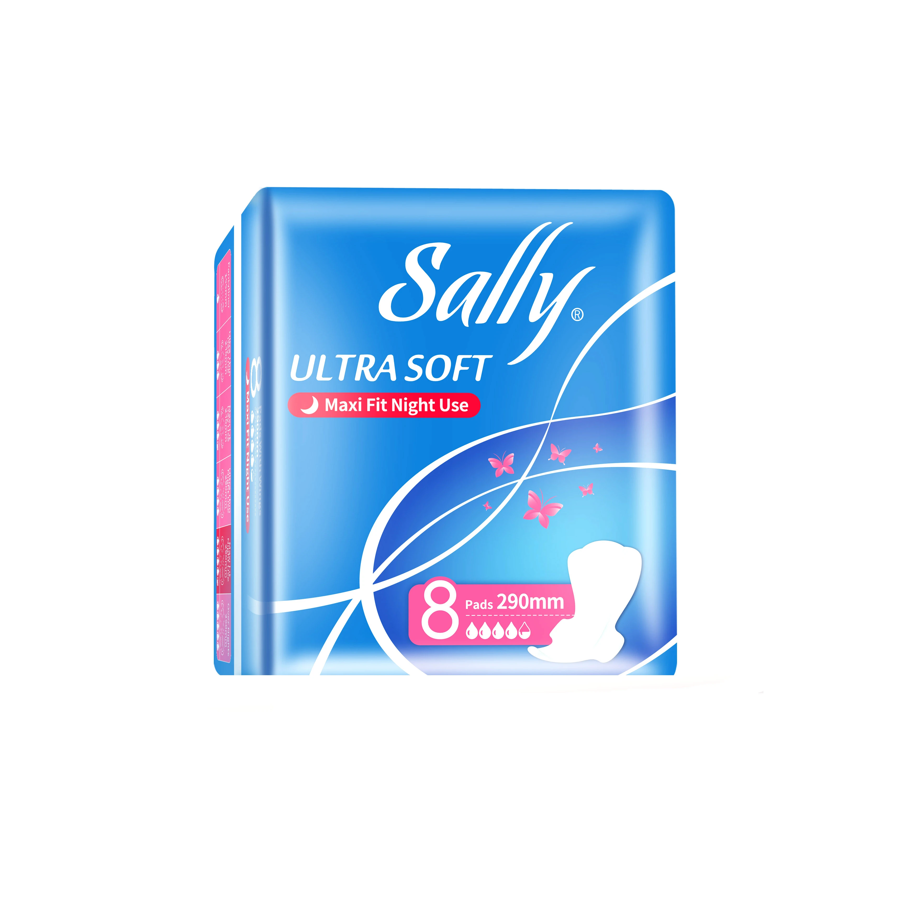
Sally brands custom private label 290mm maxi fit night use 8 pads with wings sanitary napkins 