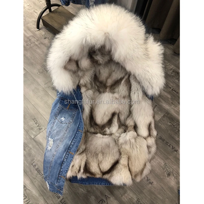 
SF0423 Jeans Denim Jacket With Real Raccoon Fur Collar Fox Lining Woman Winter Coat 
