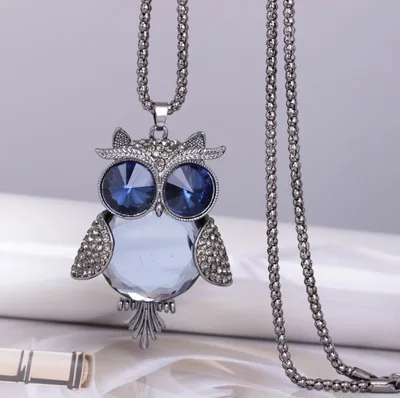 Antique Owl Glass Necklace Crystal Pendant Necklace Long Chain Sweater Necklace Women Jewelry
