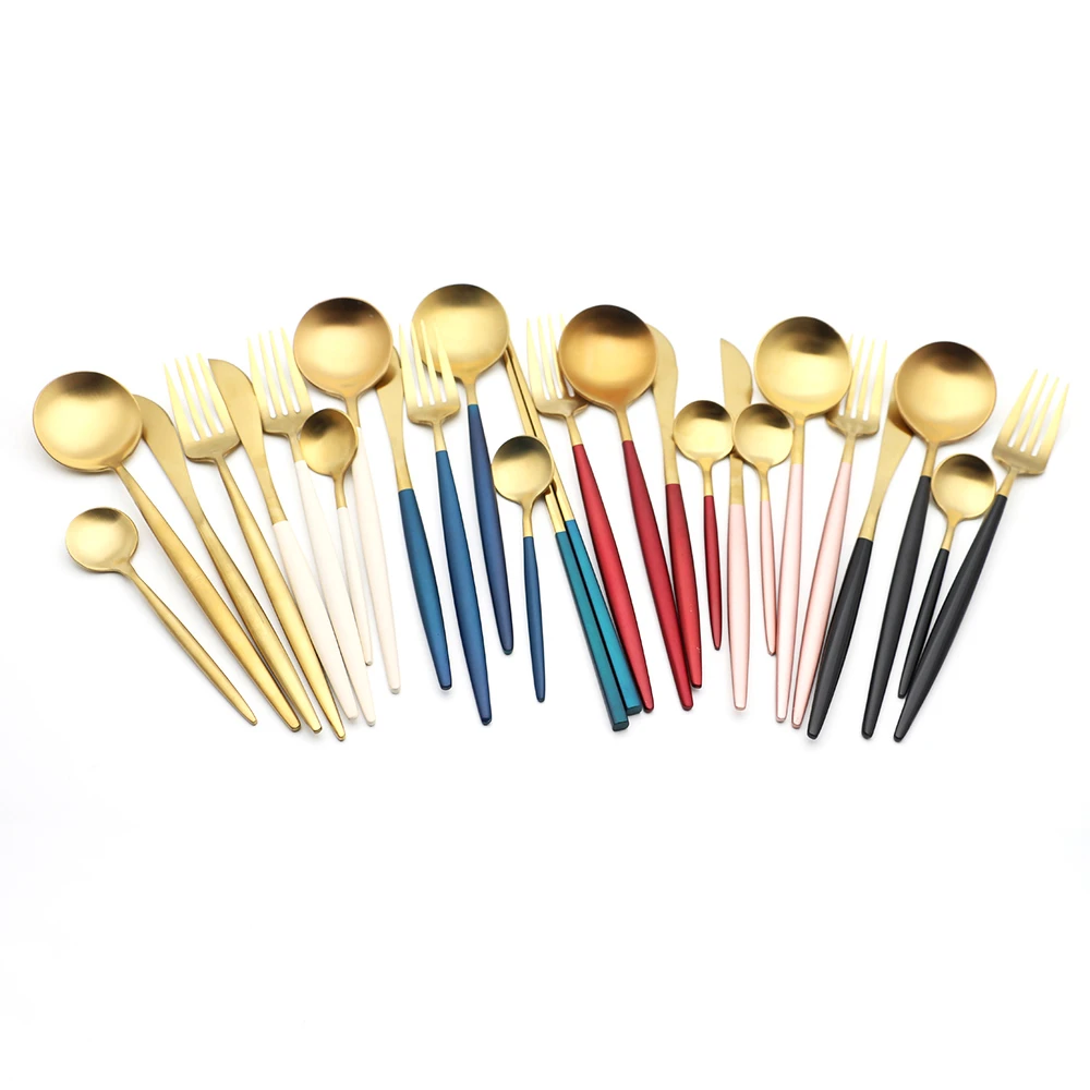 
Flatware manufacturer custom logo hotel wedding 304 Portuguese pink round handle matte gold stainless steel cutlery set 